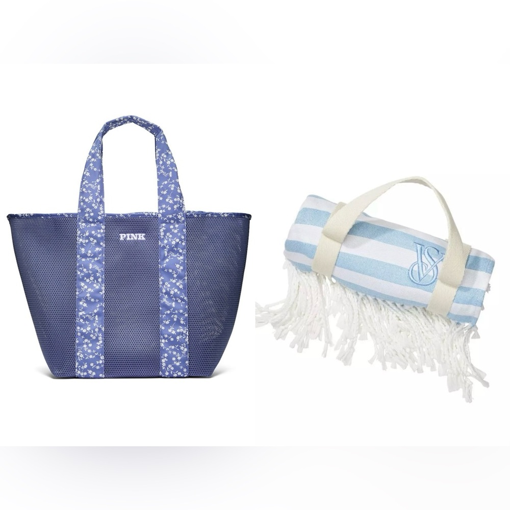 Victoria’s Secret Mesh Pool Beach Blue Floral Tote + Nautical Striped Towel Set